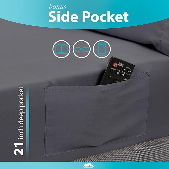 DREAMCARE California King Sheet Sets – 6 pcs Cooling Bed Sheets – up to 21” Deep Cal King Sheets – 2500 Supreme Collection – Extra Soft 100% Brushed Microfiber Hotel Luxury with Side Pocket – Gray