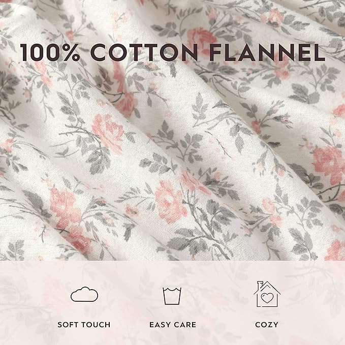 Laura Ashley - Flannel Sheets Full Size, Anti-Pilling & Wrinkle Resistant Cotton, Touchably Soft for All-Season Comfort - Bed Sheets with Matching Pillowcases & Fitted Sheet (Rosalie Grey)