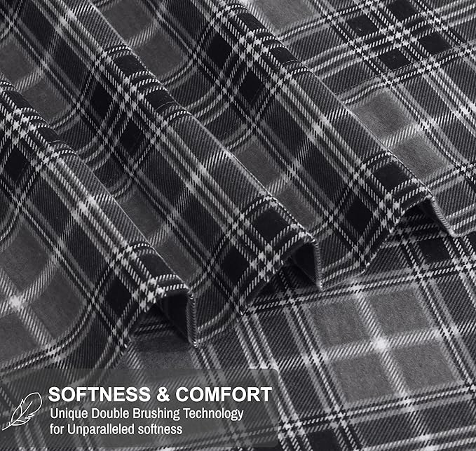 RUVANTI Flannel Sheets Split King Size - 100% Cotton Brushed Split King Bed Sheets Set, Deep Pockets 16 Inches, All Seasons Breathable & Extra Soft, Warm & Cozy, 5 Piece, Grey Plaid