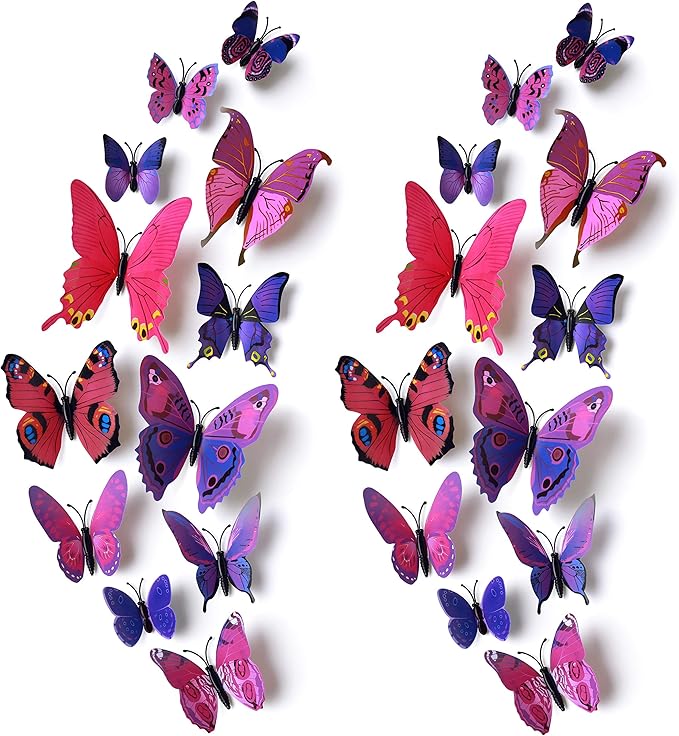 24pcs 3D Vivid Special Man-Made Lively Butterfly Art DIY Decor Wall Stickers Decals Nursery Decoration, Bathroom Décor, Office Décor, 3D Wall Art, 3D Crafts for Wall Art Kids Room Bedroom