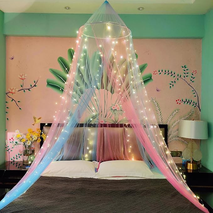 Eimilaly Two-Tone Bed Canopy Mosquito Net Pink Blue with 250pcs Warm White Lights, Bed Canopy for Girls Room Decor, Single Door