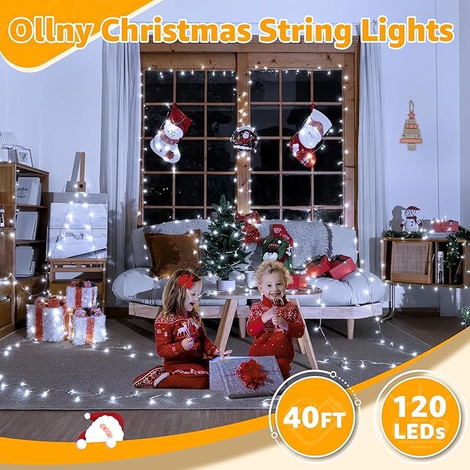 Ollny 120LED 40FT String Lights, Waterproof Connectable Christmas Lights with Timer 8 Modes, Cool White Plug in Fairy Light for Indoor Outdoor Bedroom Xmas Tree Holiday Party Decorations