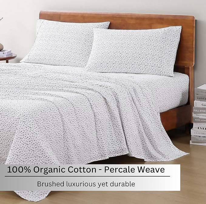 LANE LINEN 100% Organic Cotton Printed King Bed Set, All Season Crisp Percale Weave, Ultra Soft & Comfy Mercerized Cotton Bedding Sheets & Pillowcase Set King Size Printed Sheets - Haze Grey