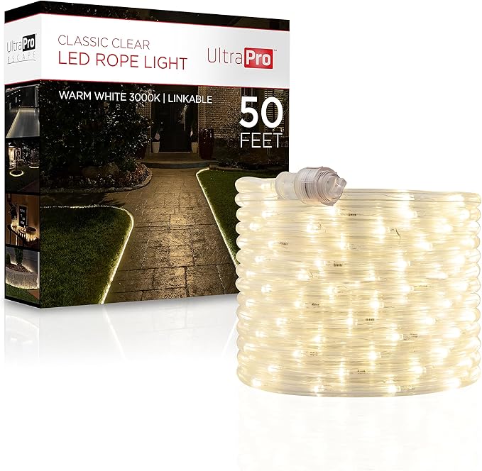 UltraPro LED Rope Lights, 50ft Classic Clear Rope, Warm White Light 3000K, Indoor/Outdoor, Flexible, Linkable, Durable, Rope Lights Outdoor, 54505