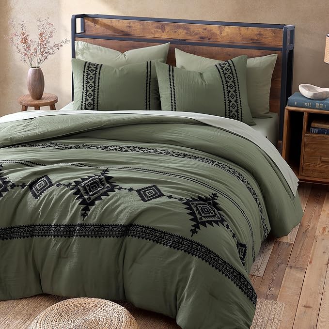 MaiRêve Embroidery Comforter Sets King Size Olive Green - 7 Pieces, Farmhouse Western Bedding Comforter Set, All Season Bed in A Bag King with Sheets, Comforters, Pillowcases & Shams