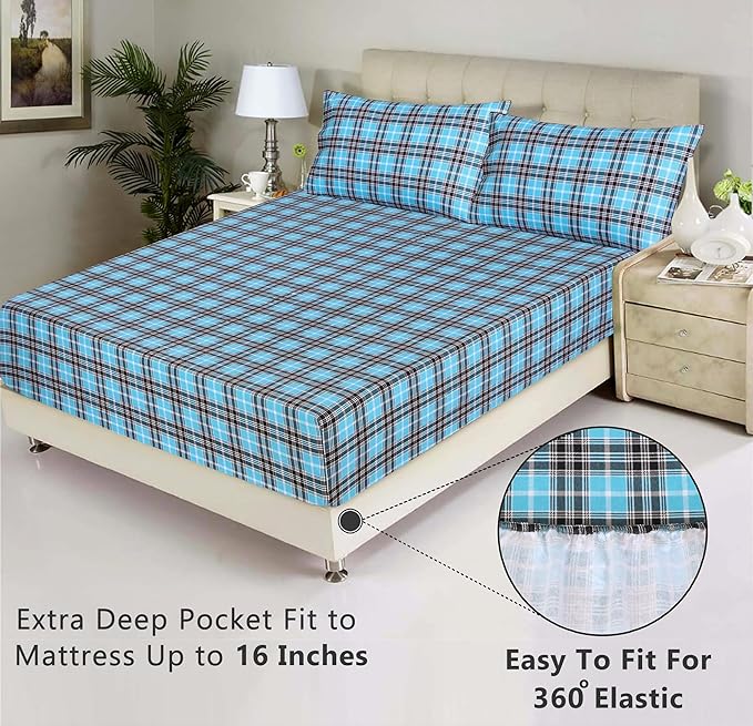 RUVANTI Flannel Sheets Queen Size - 100% Cotton Double Brushed Bed Sheets, Deep Pockets 16 Inches Queen Sheet Set, All Seasons Breathable & Extra Soft - Warm & Cozy, 4 Piece, Teal Plaid