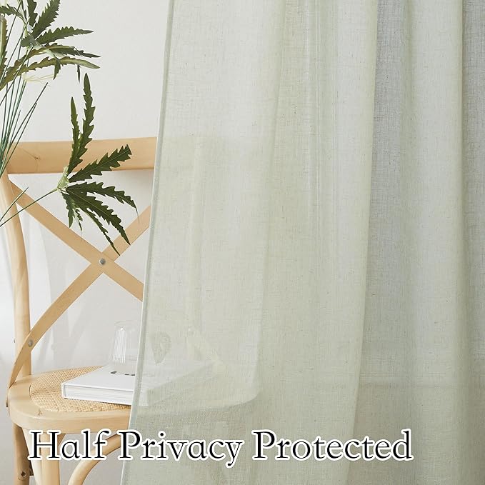 RYB HOME Linen Blended Curtains for Dining Room Nursery, Semi Transparent Privacy Protection Airy Elegant Boho Semi Sheer Drapes for Glass Door, W 100 inch x L 108 inch, Sage Green, 1 Pc