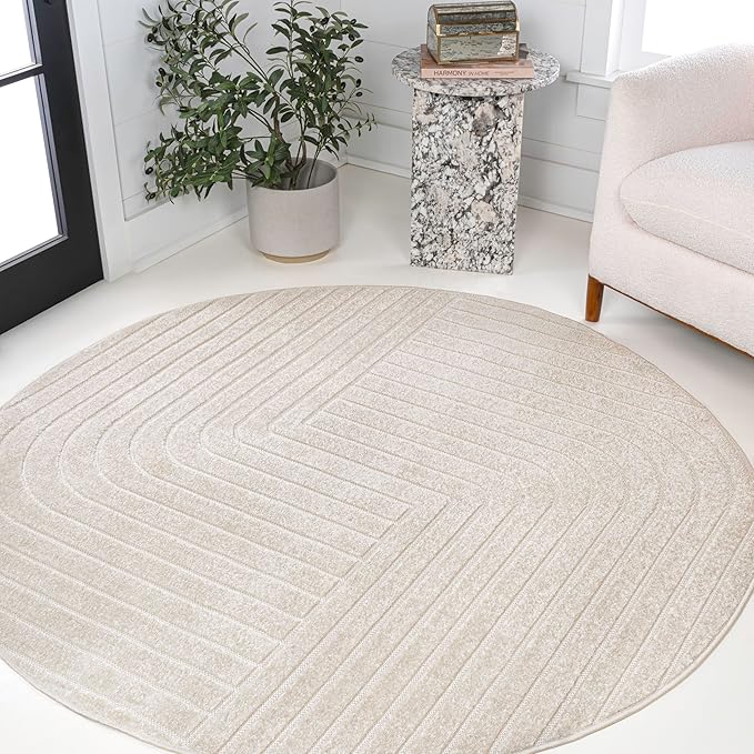 Eyely NCS101A-9R Scandinavian Odense Minimalist Angle Geometric Indoor Rug, Pet Friendly, Non-Shedding, Stain Resistant, Easy-Cleaning, Ivory/Cream, 9' Round, Indoor/Outdoor, Area Rug