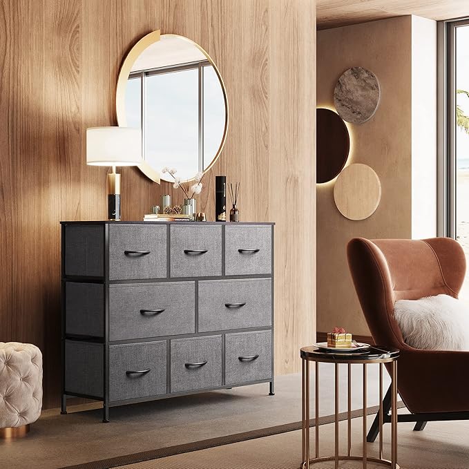 WLIVE 8 Drawer Dresser for Bedroom, Fabric Dresser with Large Storage Drawer Unit for Entryway, Chest of Drawers for Living Room, Dark Grey