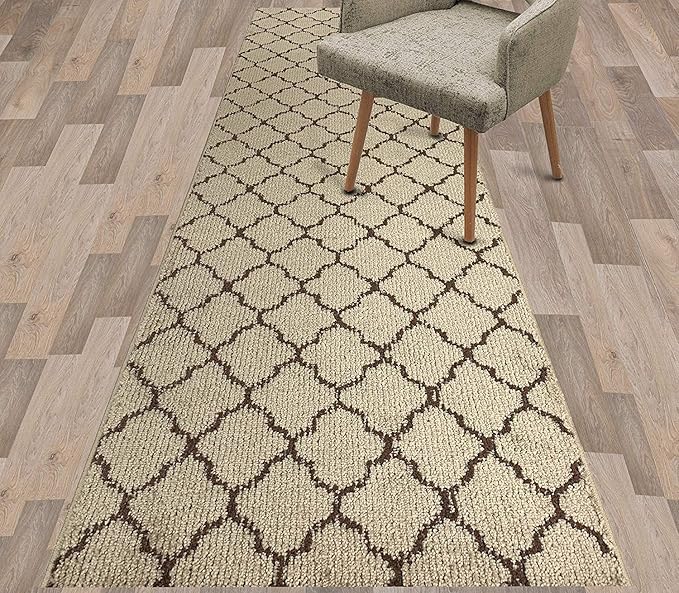 Custom Size Modern Runner Rug Carpet for Hallway Entryway Foyer Kitchen, Slip Resistant Latex Rubber Backed 31 inch Wide X Customized Length, Trellis Beige, 31 inch X 8 feet