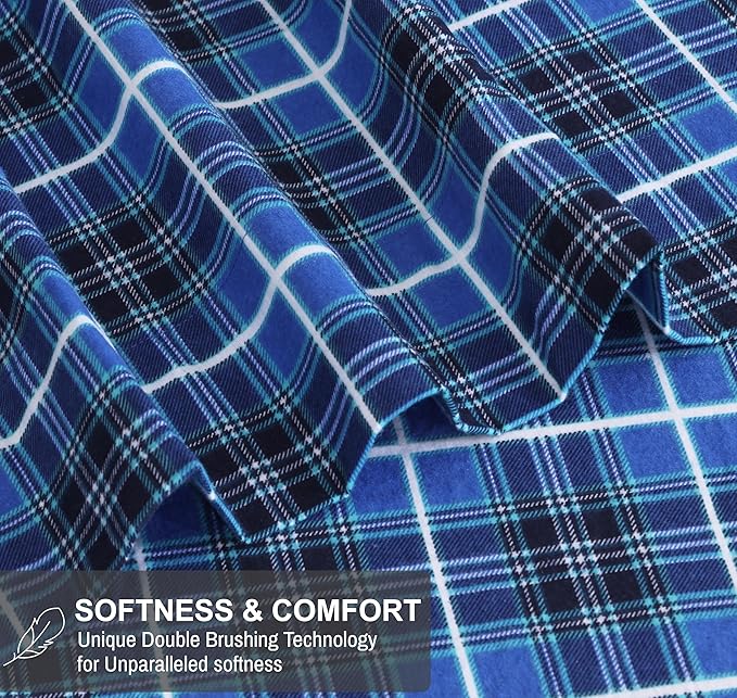 RUVANTI Flannel Sheets Twin XL Size - 100% Cotton Double Brushed Twin XL Sheet Sets, Deep Pockets 16 Inches, All Seasons Breathable & Extra Soft Bed Sheets, Warm & Cozy, 3 Piece, Blue Plaid