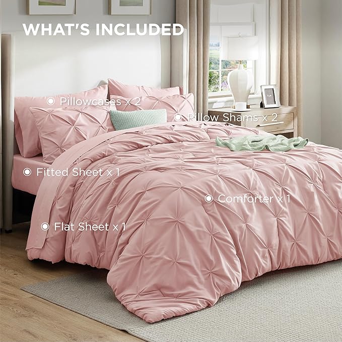 Bedsure California King Comforter Set Pink - Bed in a Bag Cal King Bedding Set 7 Pieces, GentleSoft™ Pintuck Bed Set Gift for Family, Pinch Pleat Pink Comforter with Sheets, Pillowcases & Shams