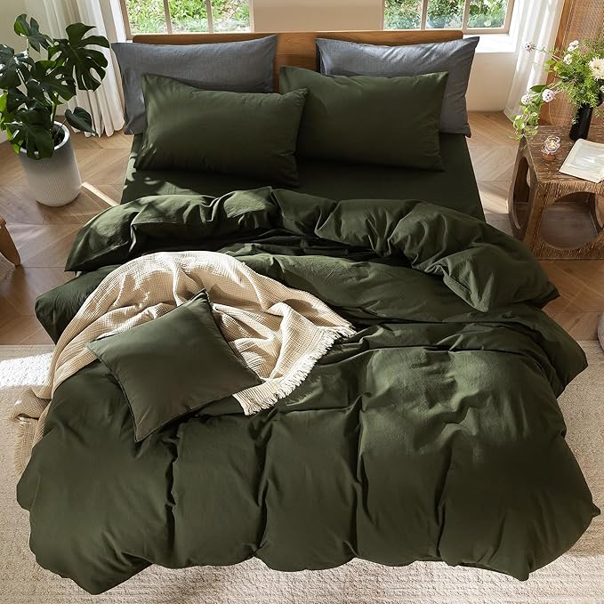 MooMee Bedding Duvet Cover Set 100% Washed Cotton Linen Like Textured Breathable Durable Soft Comfy (Solid Olive Green, Oversized Queen 98"x98")