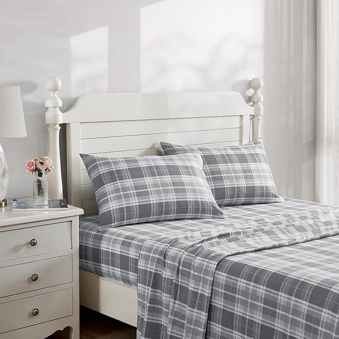 Laura Ashley - Flannel Sheets King Size, Anti-Pilling & Wrinkle Resistant Cotton, Touchably Soft for All-Season Comfort - Bed Sheets with Matching Pillowcases & Fitted Sheet (Mulholland Plaid Grey)