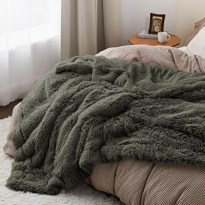 Bedsure GentleSoft Fluffy Olive Green Blankets Queen Size for Bed, Thick Sherpa Faux Fur Fleece Fuzzy Plush Winter Warm Soft Queen Blankets, Bedroom Olive Green Decor Cozy Gifts for Women Men, 90x90