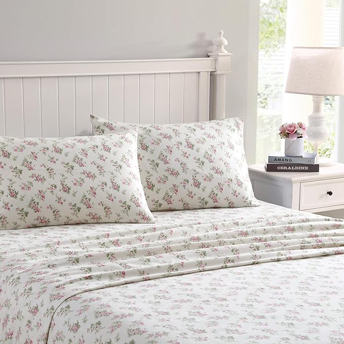 Laura Ashley Home Collection Premium Ultra Soft Cozy Lightweight Cotton Flannel Bedding Sheet Set, Wrinkle, Anti-Fade, Stain Resistant & Hypoallergenic, King, Audrey Pink (201593)