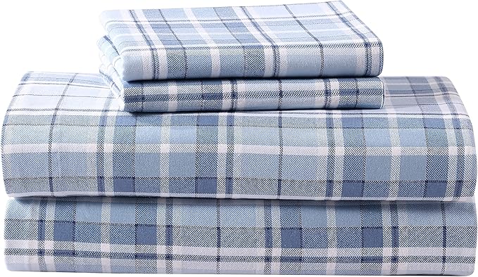 Laura Ashley - Flannel Sheets Full Size, Anti-Pilling & Wrinkle Resistant Cotton, Touchably Soft for All-Season Comfort - Bed Sheets with Matching Pillowcases & Fitted Sheet (Mulholland Plaid Blue)