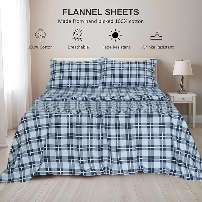 RUVANTI Flannel Sheets King Size - 100% Cotton Brushed King Size Sheets Set - Deep Pockets 16 Inches Bed Sheets - All Seasons Breathable & Extra Soft - Warm & Cozy, 4 Piece, Illusion Check