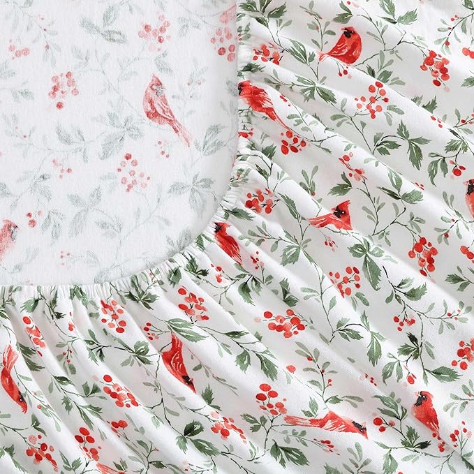 Laura Ashley - Flannel Sheets Full Size, Anti-Pilling & Wrinkle Resistant Cotton, Touchably Soft for All-Season Comfort - Bed Sheets with Matching Pillowcases & Fitted Sheet (Jolly Cardinals Green)