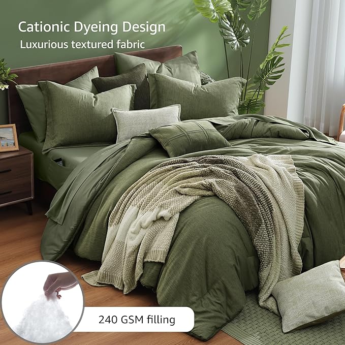 Monbix California King Comforter Set - 7 Pieces Cationic Dyeing Olive Green Bed in a Bag Cal King Bedding Sets with Comforter, Sheets, Pillowcases & Shams, Reversible Bedding Comforters Sets(108 * 92)