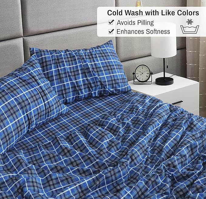 RUVANTI Flannel Sheets California King Size - 100% Cotton Brushed Cal King Bed Sheets Set - Deep Pockets 14 Inches - All Seasons Breathable & Extra Soft - Warm & Cozy, 4 Piece, Blue Plaid