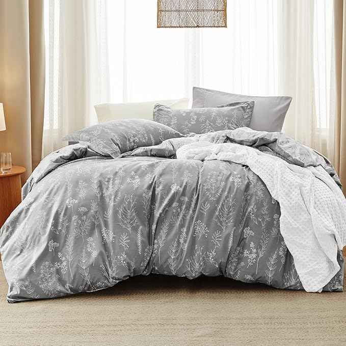 Bedsure Full Comforter Set - Grey Bed Set, 3 Pieces Cute Floral Bedding, 1 Soft Reversible Botanical Flowers Comforter and 2 Pillow Shams