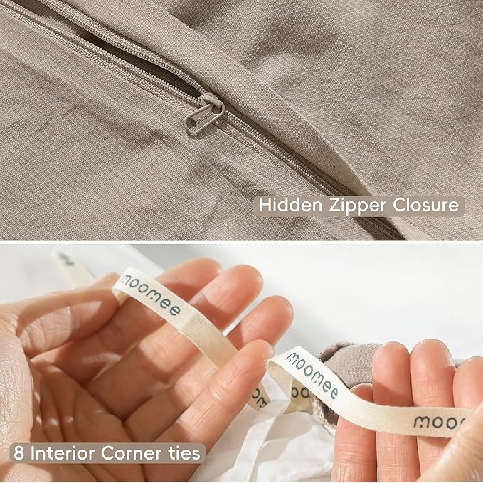 MooMee Bedding Duvet Cover Set 100% Washed Cotton Linen Like Textured Breathable Durable Soft Comfy (Heathered Taupe, Twin 68"x90")
