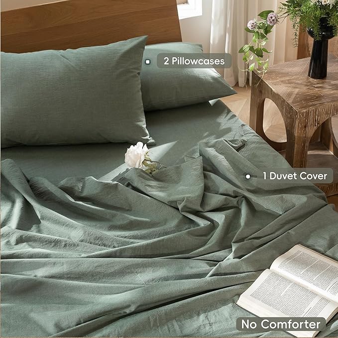 MooMee Bedding Duvet Cover Set 100% Washed Cotton Linen Like Textured Breathable Durable Soft Comfy (Heathered Green, Palatial King/Oversized King 120"x98")