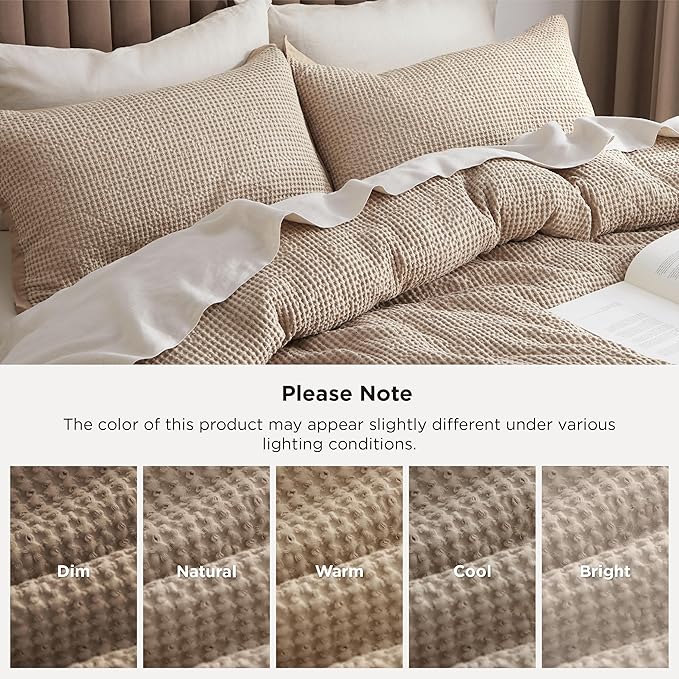 Bedsure Cotton Duvet Cover Set - 100% Cotton Waffle Weave Khaki Duvet Cover Oversized Queen Size, GentleSoft™ and Breathable Bedding Set for All Season, 3 Pieces, 98"x98"