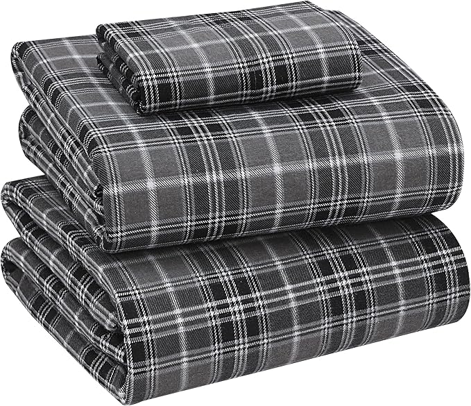 RUVANTI Flannel Sheets Twin XL Size - 100% Cotton Double Brushed Twin XL Sheet Sets, Deep Pockets 16 Inches, All Seasons Breathable & Extra Soft Bed Sheets, Warm & Cozy, 3 Piece, Grey Plaid