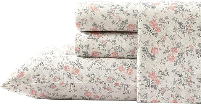 Laura Ashley - Flannel Sheets Twin Size, Anti-Pilling & Wrinkle Resistant Cotton, Touchably Soft for All-Season Comfort - Bed Sheets with Matching Pillowcase & Fitted Sheet (Rosalie Grey)