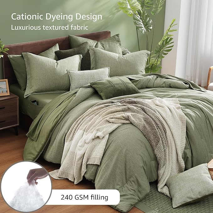 Monbix Twin XL Comforter Set Sage Green, Cationic Dyeing Bedding Set Reversible 5 Pieces, All Season Bed in a Bag with Comforter, Sheets, Pillowcase & Sham