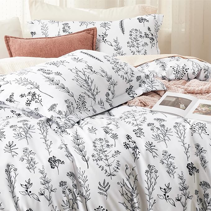 Bedsure Twin/Twin XL Comforter Set - Bright White Bed Set, 2 Pieces Cute Floral Bedding, 1 Soft Reversible Botanical Flowers Comforter and 1 Pillow Sham