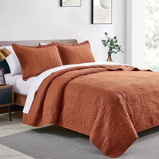 Love's cabin Quilts for Full Bed Umber Bedspreads Bedding Set - Lightweight Bedspread Comforter - Coin Pattern Bedding Coverlet for All Season - 3 Pieces (1 Quilt, 2 Pillow Shams)