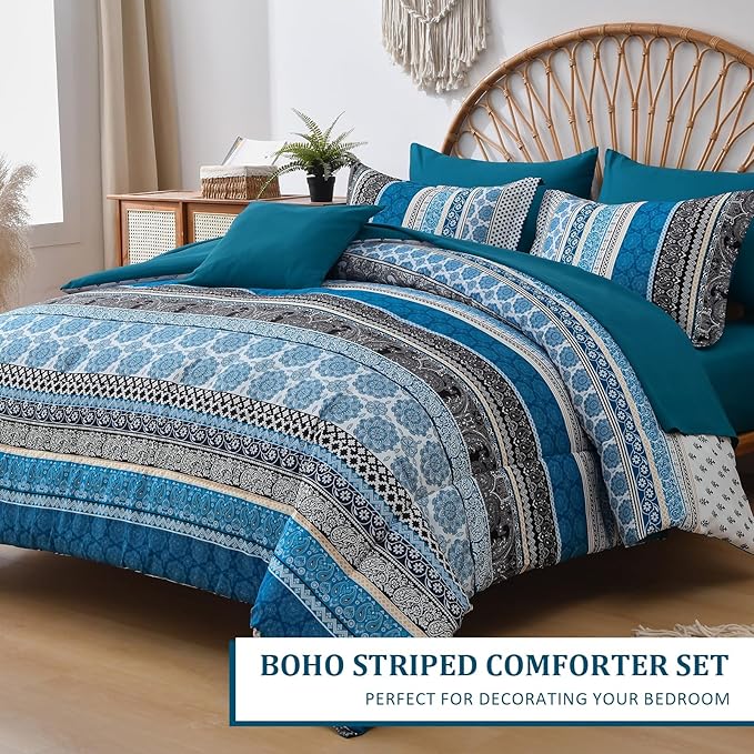 Cottolester Boho Comforter Set Queen Size,8 Pieces Teal Blue Bohemian Striped Bed in a Bag,Paisley Soft Microfiber Bedding Comforter Set