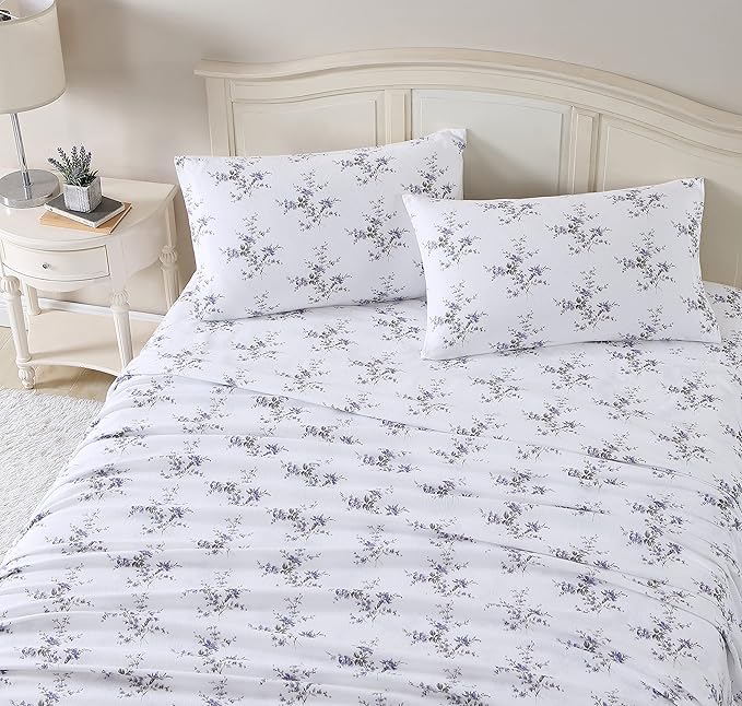 Laura Ashley - Flannel Sheets King Size, Anti-Pilling & Wrinkle Resistant Cotton, Touchably Soft for All-Season Comfort - Bed Sheets with Matching Pillowcases & Fitted Sheet (Jessika Lavender)