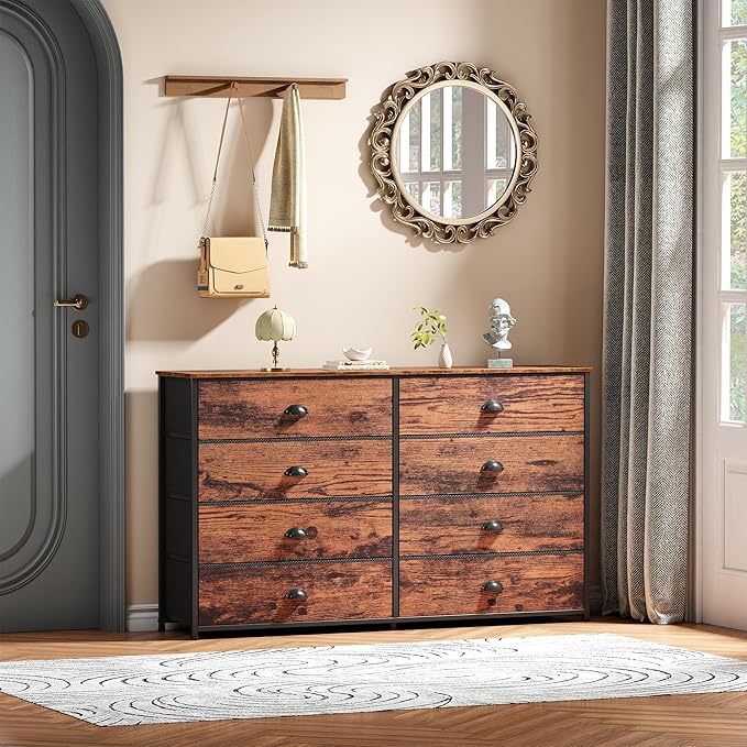 Furnulem Long Dresser for Bedroom, TV Stand for 55'' TV, Wide Storage Drawer Unit with 8 Fabric Bins, Double Dresser for Bedroom, Office, Dorm, Closet, Entryway, Wood Top (Rustic Brown)