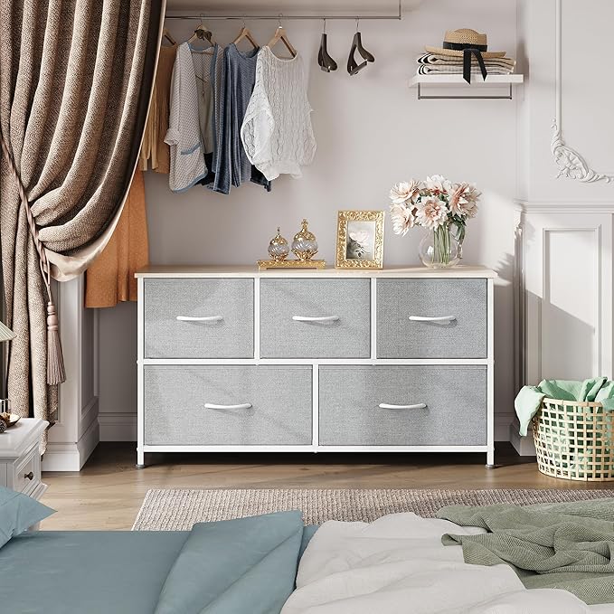 WLIVE Dresser for Bedroom with 5 Drawers, Wide Chest of Drawers, Fabric Dresser, Storage Organization Unit with Fabric Bins for Closet, Living Room, Hallway, Light Grey