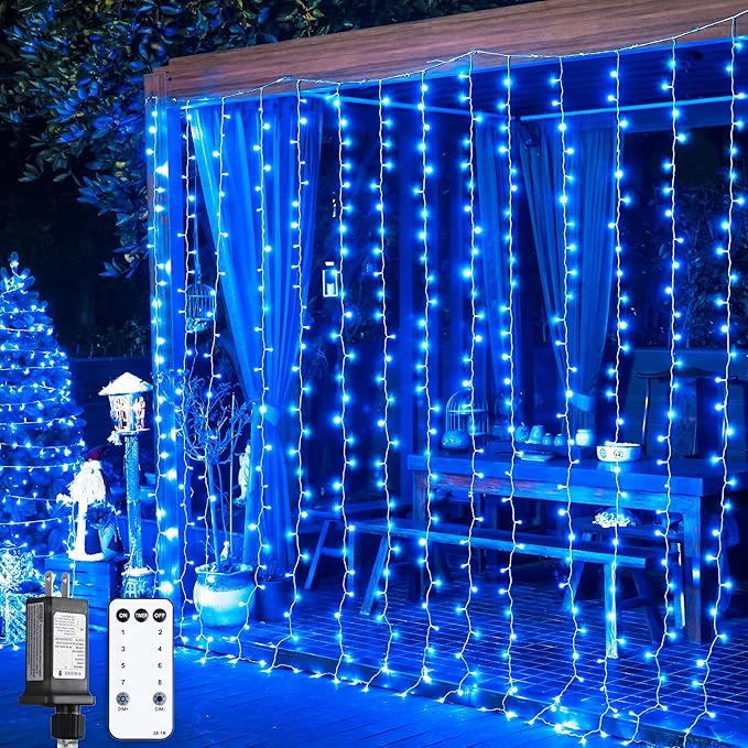 JMEXSUSS 300LED Christmas Curtain Lights, Blue Christmas Lights with Remote, Blue String Lights for Bedroom Wall Window Backdrop Garden Indoor Outdoor Patio Yard Porch Decorations, 9.8x9.8ft
