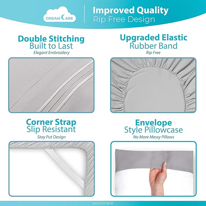 DREAMCARE Twin XL Sheet Sets – 3pcs Cooling Sheets – up to 21” Extra Deep Pocket Twin XL Sheets Set – Hotel Luxury Sheets & Pillowcases – Superior Softness 100% Fine Microfiber with Side Pocket –LGray
