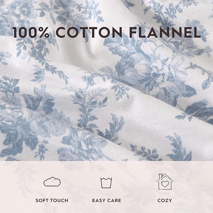 Laura Ashley - Flannel Sheets Queen Size, Anti-Pilling & Wrinkle Resistant Cotton, Touchably Soft for All-Season Comfort - Bed Sheets with Matching Pillowcases & Fitted Sheet (Vanessa Blue)