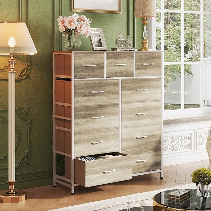 WLIVE Storage Organizer Unit with 11 Fabric Bins, Storage Drawers Organizer with Steel Frame, Tall Storage Tower Organizaton for Living Room, Hallway, Office, Greige