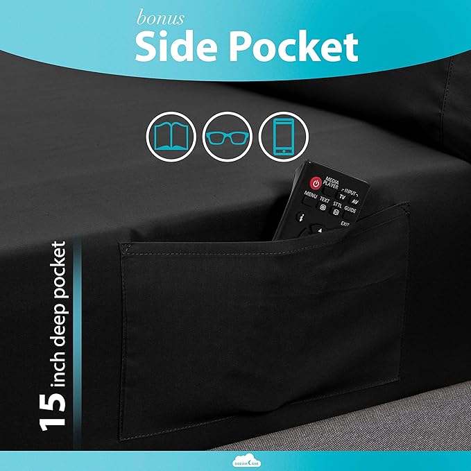 DREAMCARE Sheets Full Size Bed - Cooling Bed Sheets - 6pcs Set - Full Sheet Set - Full Size Sheets - Full Size Sheet Sets Soft & Long Lasting 100% Fine Brushed Polyester with Side Pocket - Black