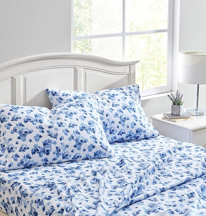 Laura Ashley - Flannel Sheets Full Size, Anti-Pilling & Wrinkle Resistant Cotton, Touchably Soft for All-Season Comfort - Bed Sheets with Matching Pillowcases & Fitted Sheet (Emelisa Blue)