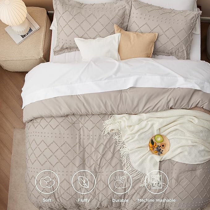 Bedsure King Comforter Set - Linen Comforter, Boho Tufted Shabby Chic Bedding for Kids, 3 Pieces Vintage Farmhouse Bed Set for All Seasons, Fluffy Soft Bedding with 2 Pillow Shams
