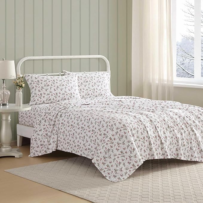 Laura Ashley - Flannel Sheets Twin Size, Anti-Pilling & Wrinkle Resistant Cotton, Touchably Soft for All-Season Comfort - Bed Sheets with Matching Pillowcase & Fitted Sheet (Berry Bright Red)