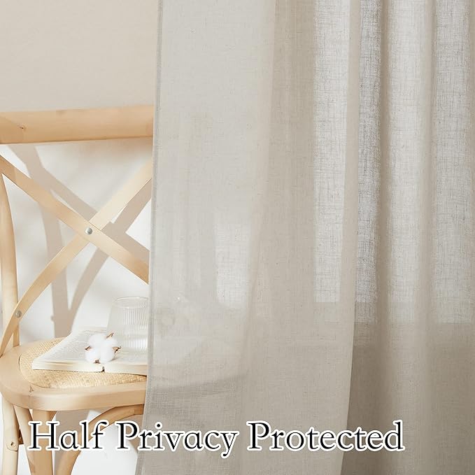 RYB HOME Linen Flax Curtains 84 Inches Long - Breathable Flax Linen Woven Semi Sheer Curtains Privacy Drapes UV Rays Protected for Room Divider, Wedding Party Backdrop, W 52" x L 84", Angora, 2 PC