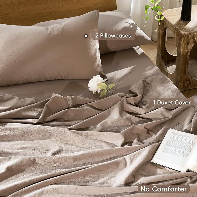 MooMee Bedding Duvet Cover Set 100% Washed Cotton Linen Like Textured Breathable Durable Soft Comfy (Solid Brown, Alaska King 132"x120")