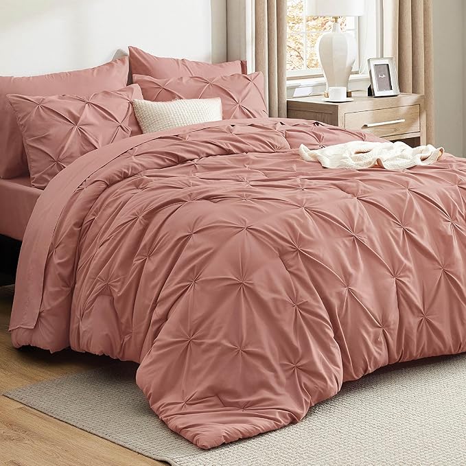 Bedsure Queen Comforter Set Dusty Pink - Bed in a Bag Queen Size Bedding 7 Pieces, GentleSoft™ Pintuck Bed Set Gift for Family, Pinch Pleat All Season Comforter with Sheets, Pillowcases & Shams