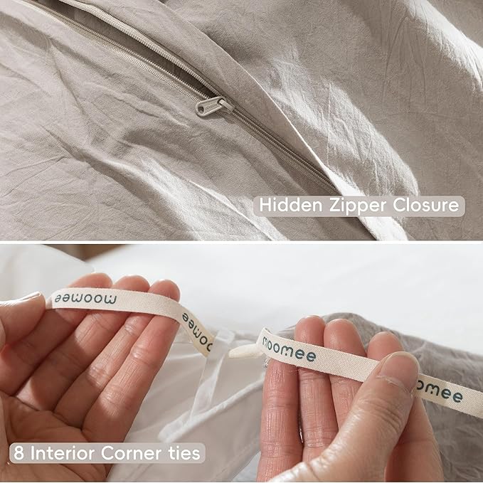 MooMee Bedding Duvet Cover Set 100% Washed Cotton Linen Like Textured Breathable Durable Soft Comfy (Solid Light Tan, Palatial King/Oversized King 120"x98")
